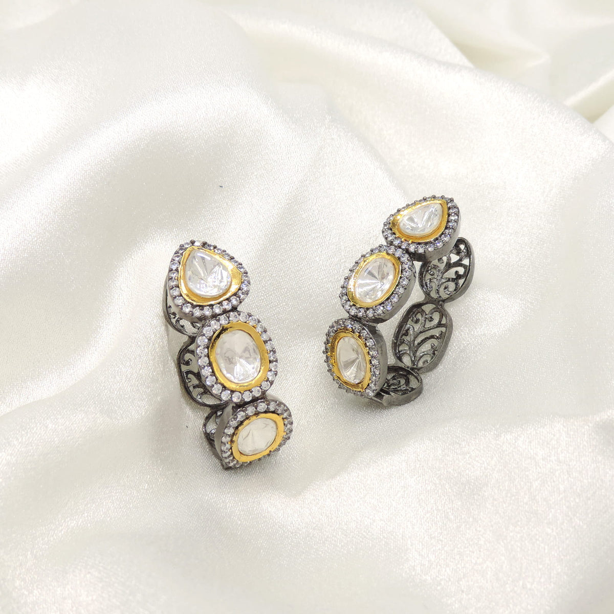Dual-Tone Polki Style Hoop Earrings with CZ Accents