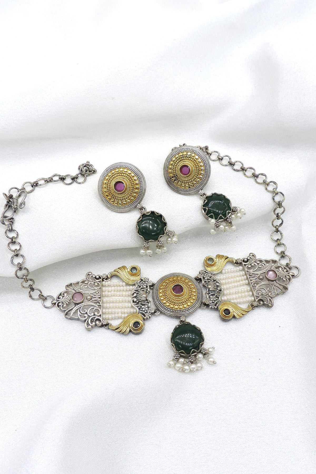 Oxidized dual-tone green stone pearl choker set with matching earrings by joyrias