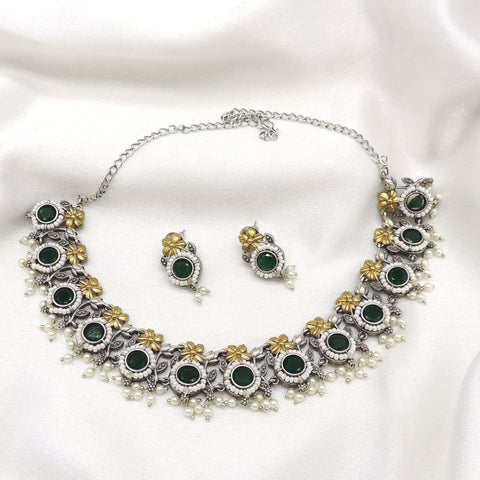 Oxidized dual-tone green floral pearl choker set with matching earrings by joyrias