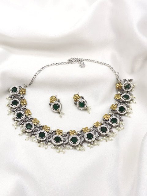 Oxidized dual-tone green floral pearl choker set with matching earrings by joyrias