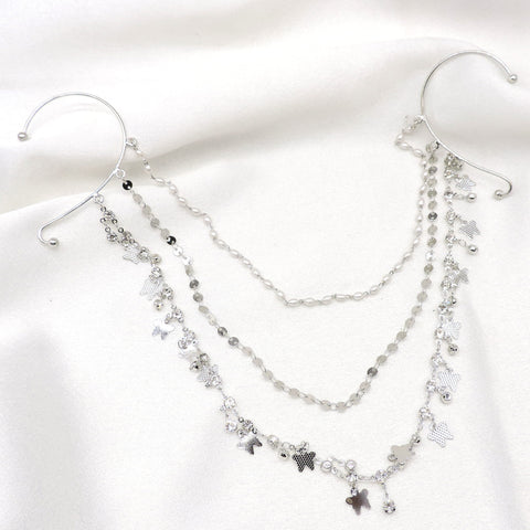 Oxidized silver multilayer star charm double ear cuff hair chain by joyrias