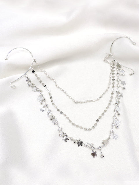 Oxidized silver multilayer star charm double ear cuff hair chain by joyrias