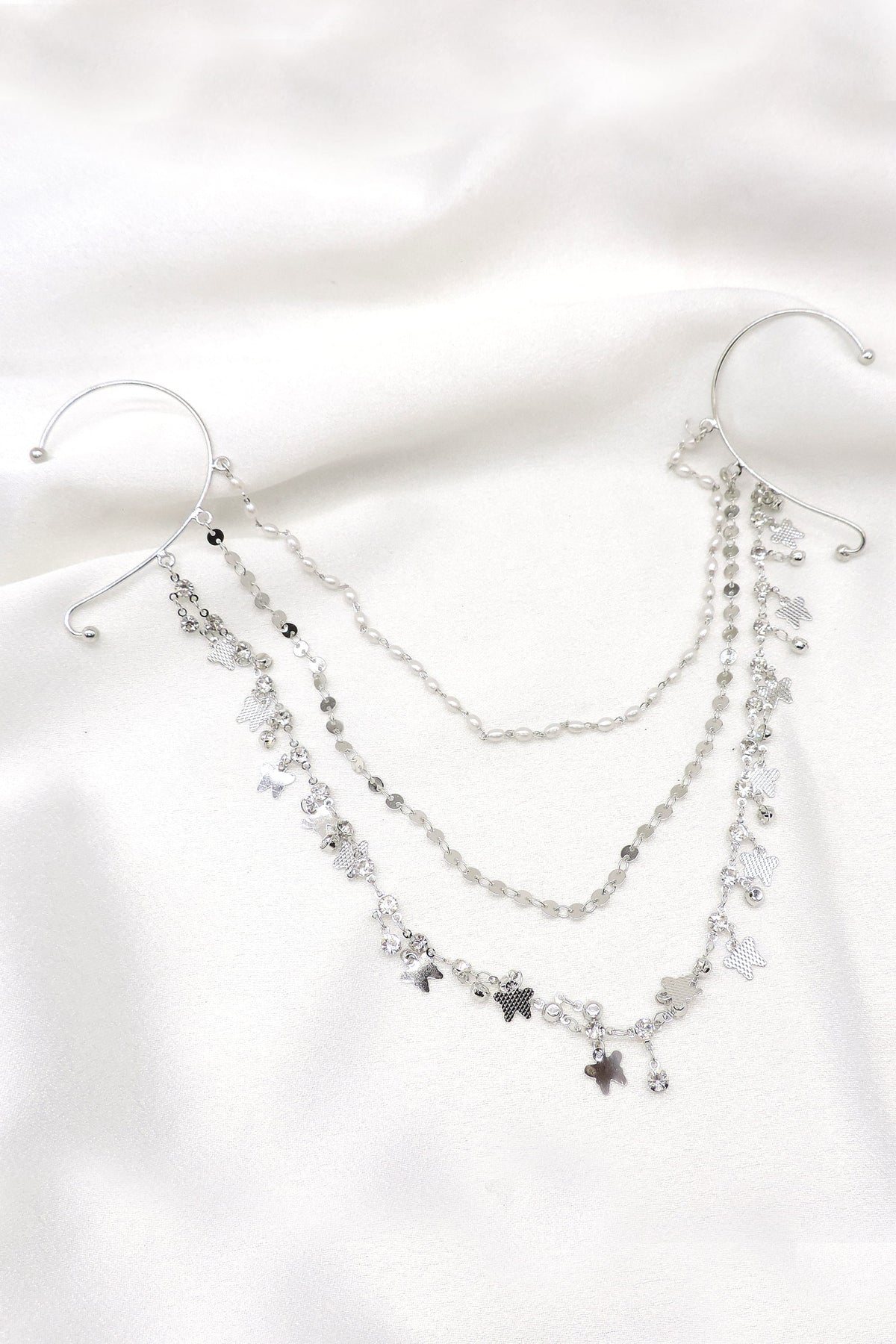 Oxidized silver multilayer star charm double ear cuff hair chain by joyrias