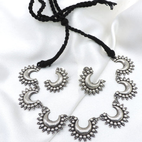 Oxidized crescent moon choker necklace set with matching crescent earrings by joyrias