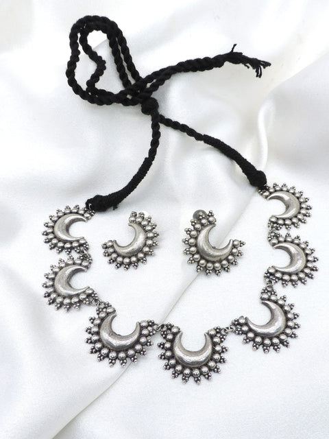 Oxidized crescent moon choker necklace set with matching crescent earrings by joyrias