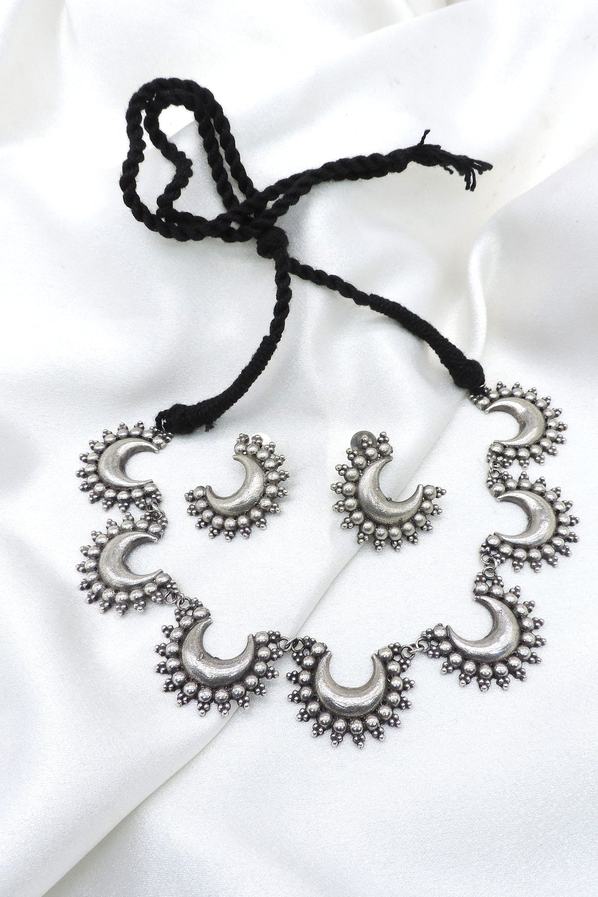 Oxidized crescent moon choker necklace set with matching crescent earrings by joyrias