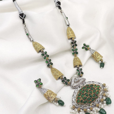 Oxidized dual-tone green floral pendant necklace set with matching earrings and pearl detailing by joyrias