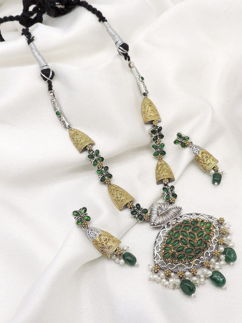 Oxidized dual-tone green floral pendant necklace set with matching earrings and pearl detailing by joyrias