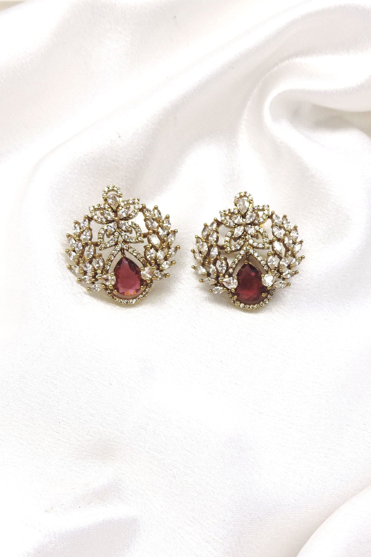 Red Teardrop CZ Floral Earrings by Joyrias