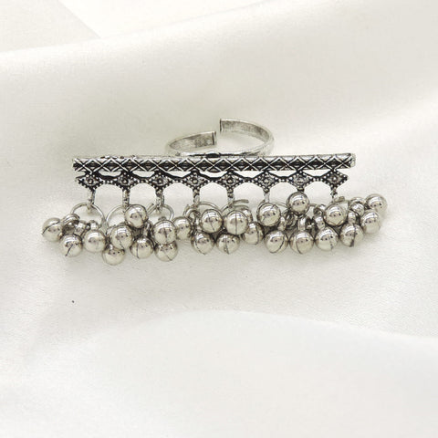 Oxidized silver beaded ghungroo double finger ring by joyrias