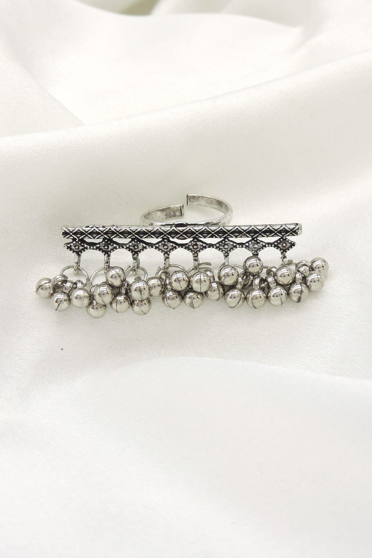 Oxidized silver beaded ghungroo double finger ring by joyrias