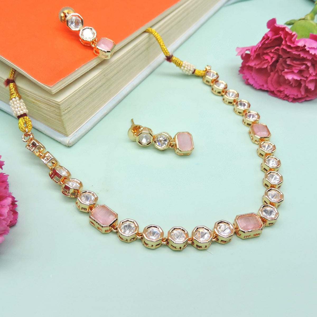 Blush pink Kundan elegance necklace set – Indian Kundan necklace for bridal wear USA – Joyrias