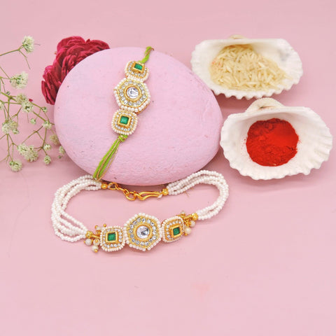 Emerald Pearl Bhaiya Bhabhi Rakhi Set by Joyrias