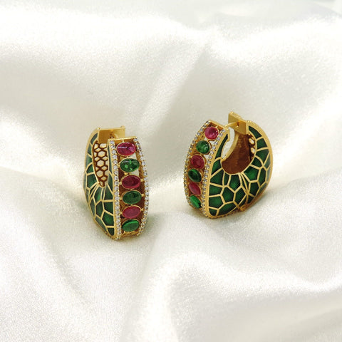 Green Enamel Gold Hoop Earrings with Red & Green Stone Accents