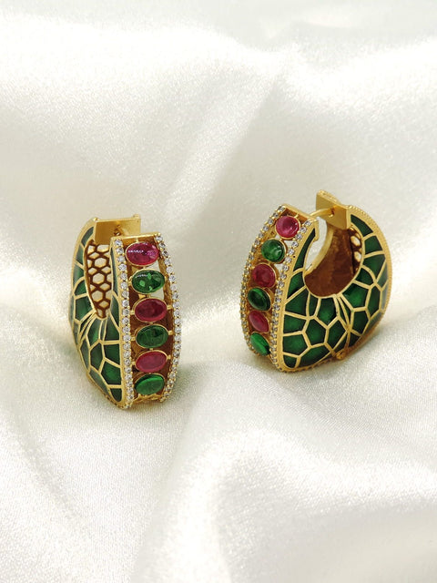 Green Enamel Gold Hoop Earrings with Red & Green Stone Accents
