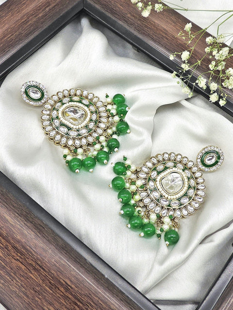 Polki earrings in lime green beads – Indian Polki earrings for festive wear USA – Joyrias