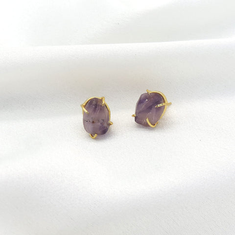 Raw Amethyst Stud Earrings – Gold Prong Natural Stone Minimal Earrings