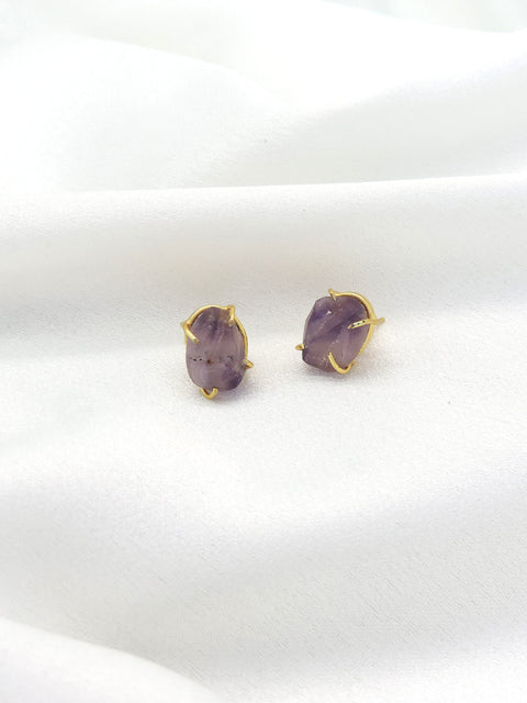 Raw Amethyst Stud Earrings – Gold Prong Natural Stone Minimal Earrings