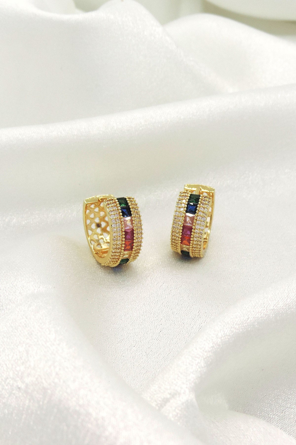 Multicolor CZ Hoop Earrings | Gold Finish Statement Hoops