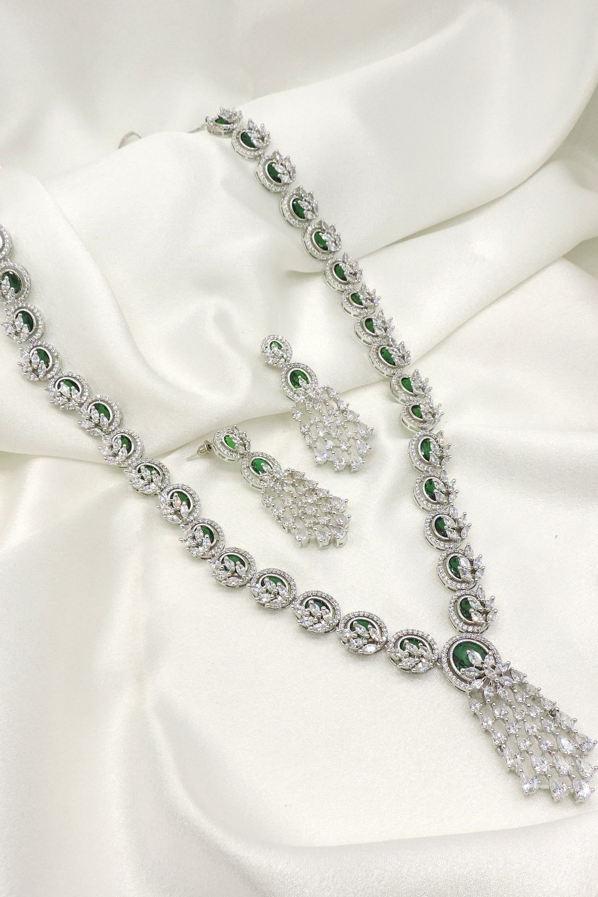 Emerald CZ Tassel Necklace Set by Joyrias