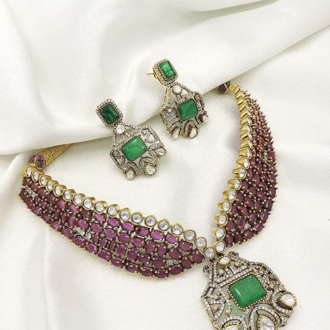 Regal Ruby Emerald Choker Necklace Set by Joyrias