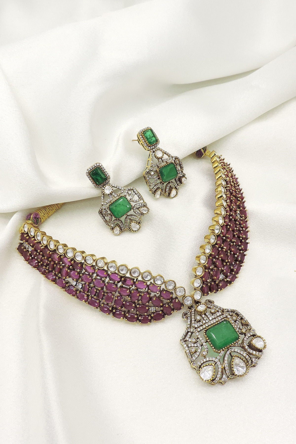 Regal Ruby Emerald Choker Necklace Set by Joyrias