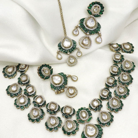 Emerald Floral Kundan Necklace Set with Earrings & Maang Tikka by Joyrias