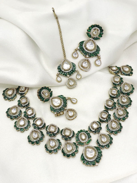 Emerald Floral Kundan Necklace Set with Earrings & Maang Tikka by Joyrias