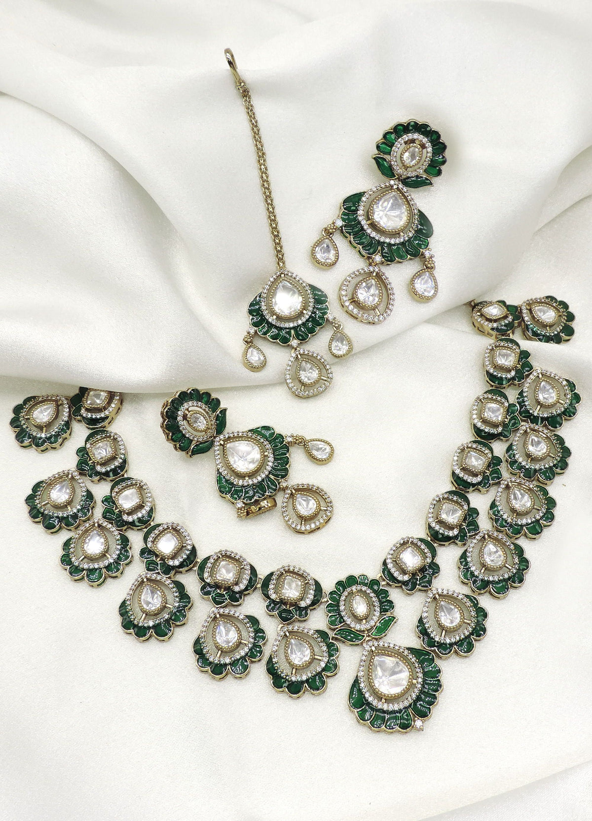 Emerald Floral Kundan Necklace Set with Earrings & Maang Tikka by Joyrias