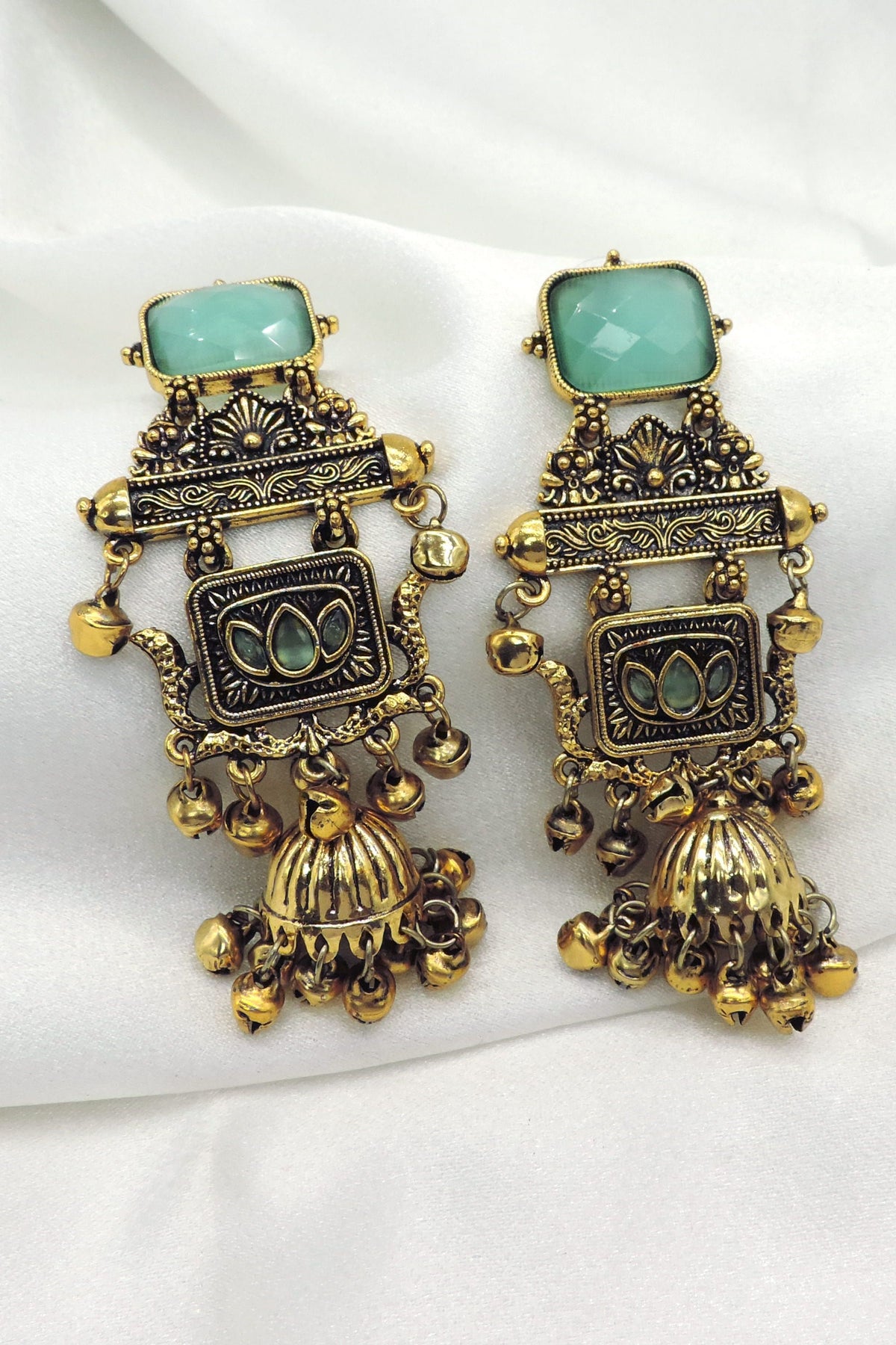 Antique Mint Lotus Jhumka Earrings by Joyrias