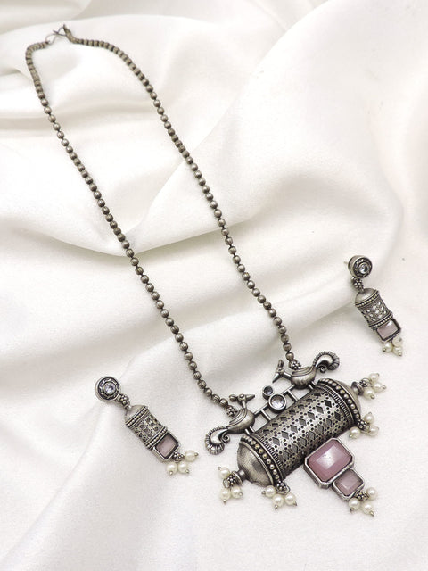 Oxidized Peacock Carved Pendant Necklace Set