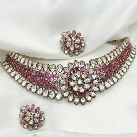 Ruby Floral Polki Choker Necklace Set by Joyrias