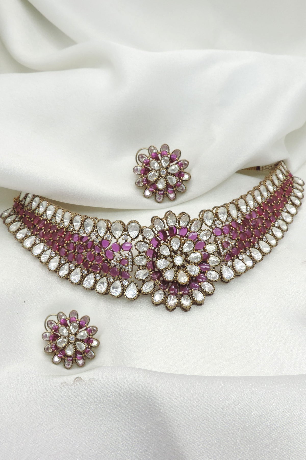 Ruby Floral Polki Choker Necklace Set by Joyrias