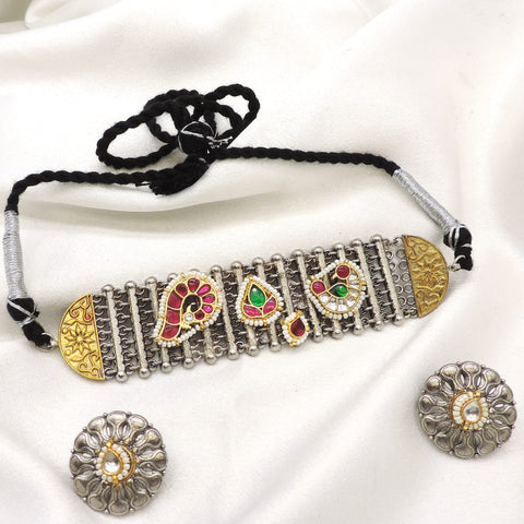 Oxidized dual-tone colorful carved choker set with matching floral earrings by joyrias