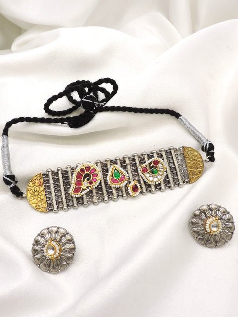 Oxidized dual-tone colorful carved choker set with matching floral earrings by joyrias
