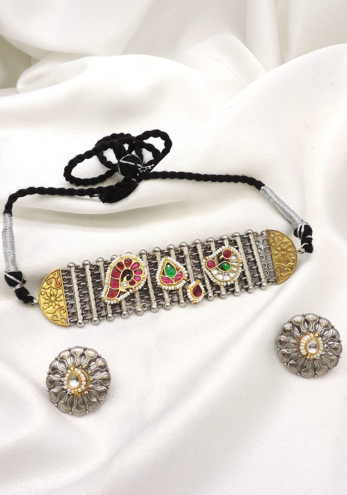 Oxidized dual-tone colorful carved choker set with matching floral earrings by joyrias
