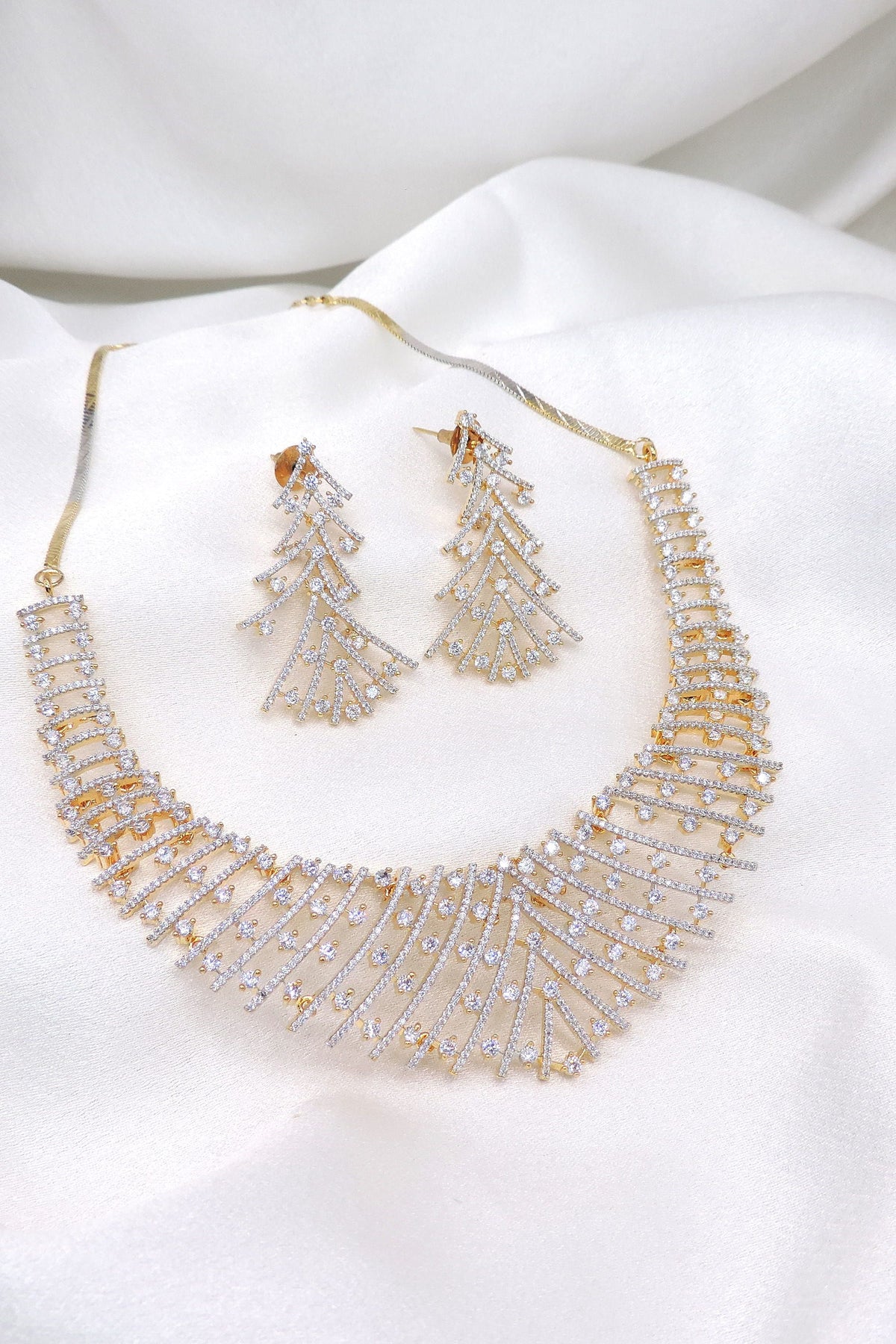 Gold-toned CZ layered necklace set with cascading matching earrings by joyrias