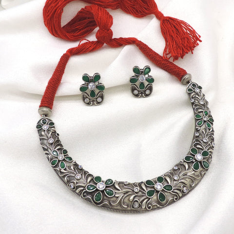 Oxidized green floral Hasli choker set with matching earrings by joyrias