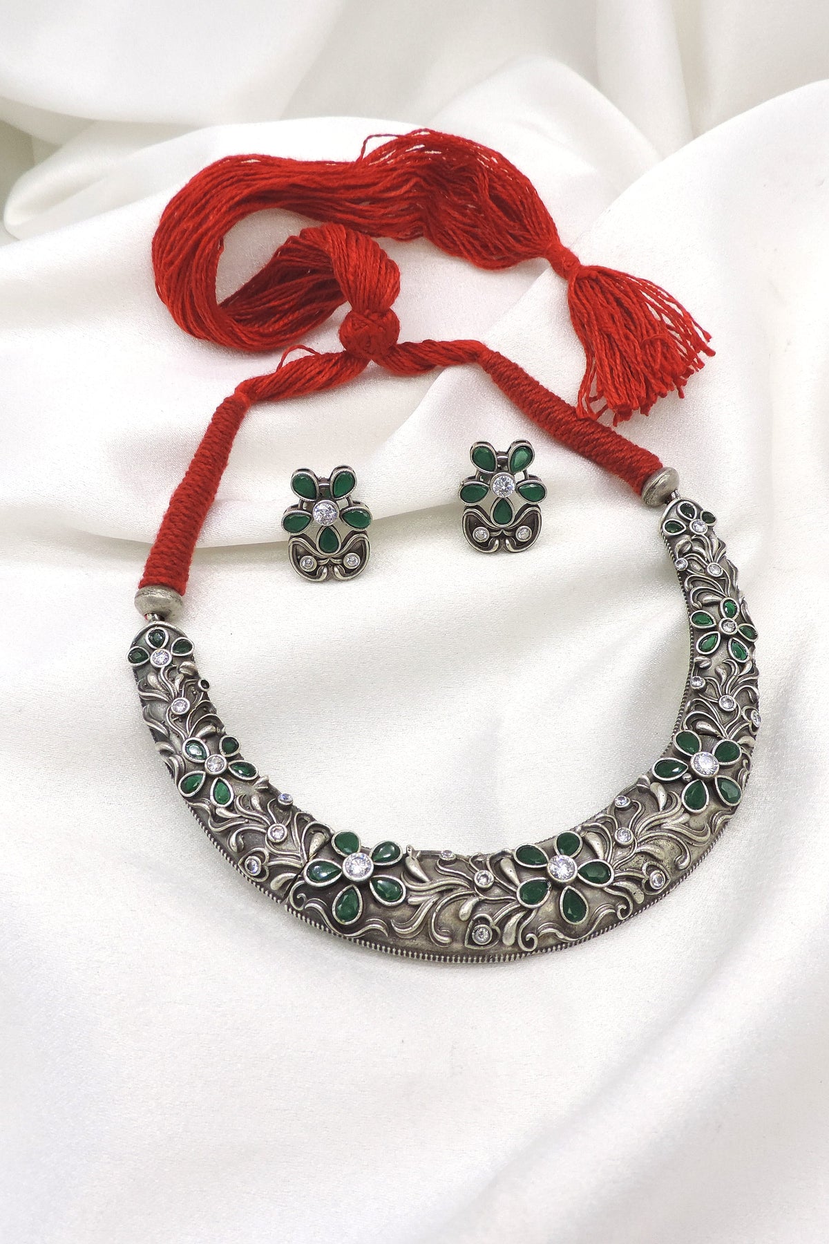 Oxidized green floral Hasli choker set with matching earrings by joyrias