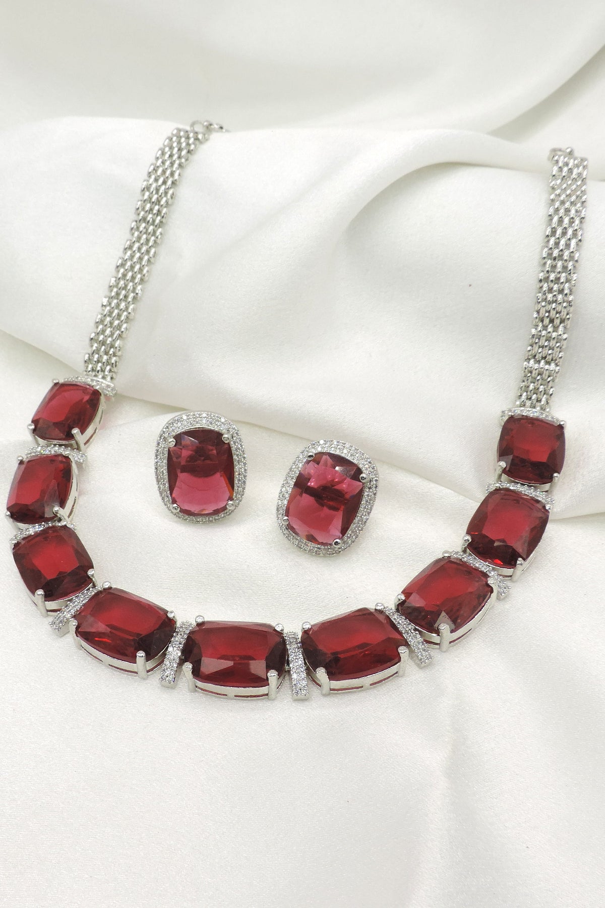Wine Red Cushion CZ Necklace Set