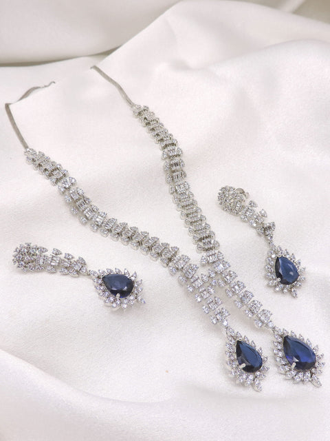 Silver-toned blue sapphire CZ necklace set with matching earrings by joyrias