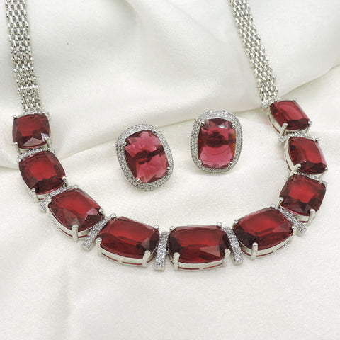 Wine Red Cushion CZ Necklace Set by Joyrias