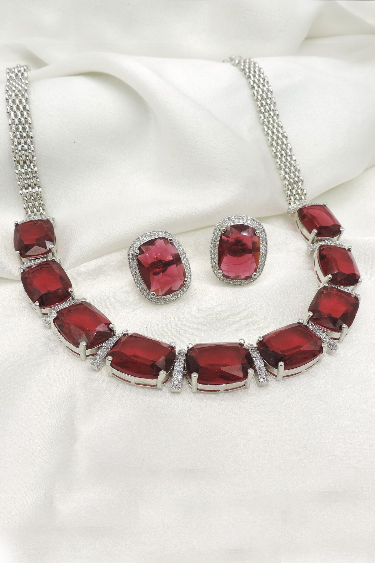 Wine Red Cushion CZ Necklace Set by Joyrias