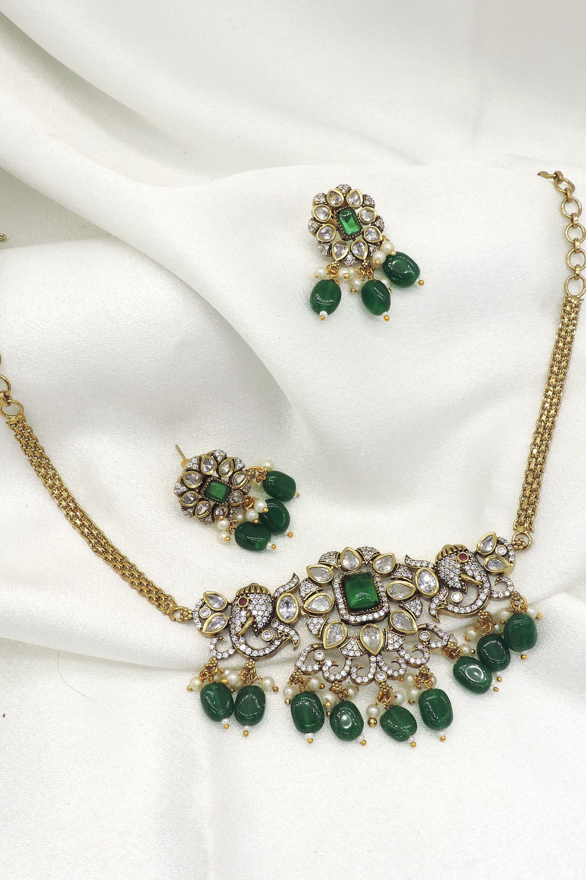 Majestic Elephant Green Stone Necklace Set by Joyrias