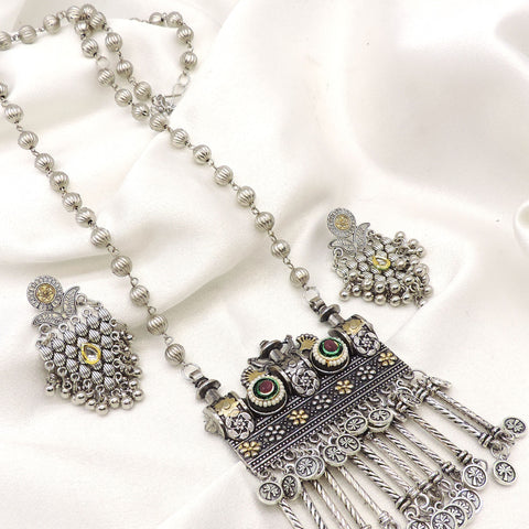 Oxidized silver floral pendant long necklace set with colorful stones and matching earrings by joyrias