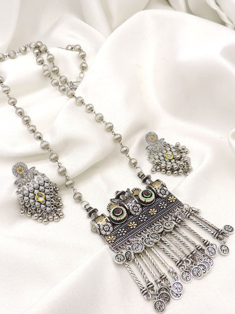Oxidized silver floral pendant long necklace set with colorful stones and matching earrings by joyrias