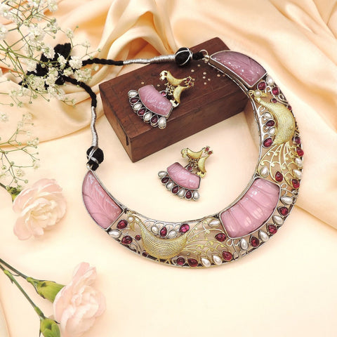 Oxidized peacock necklace set with pink stones and pearls – Indian peacock jewelry USA – Joyrias