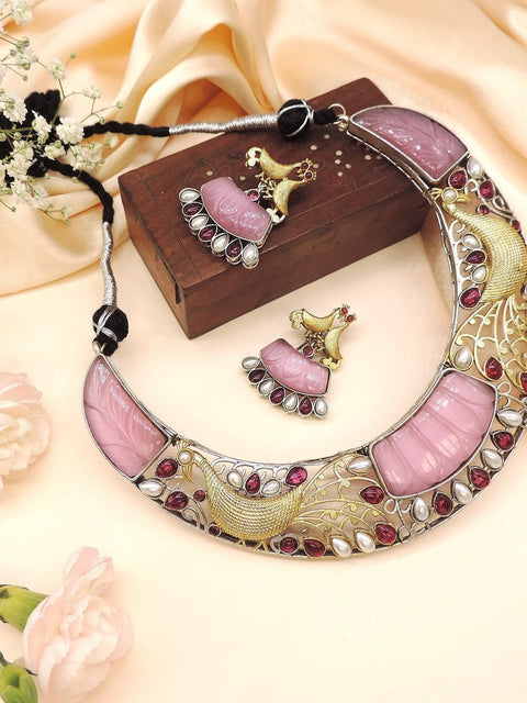 Oxidized peacock necklace set with pink stones and pearls – Indian peacock jewelry USA – Joyrias