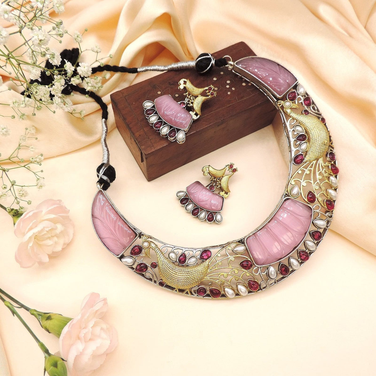 Oxidized peacock necklace set with pink stones and pearls – Indian peacock jewelry USA – Joyrias