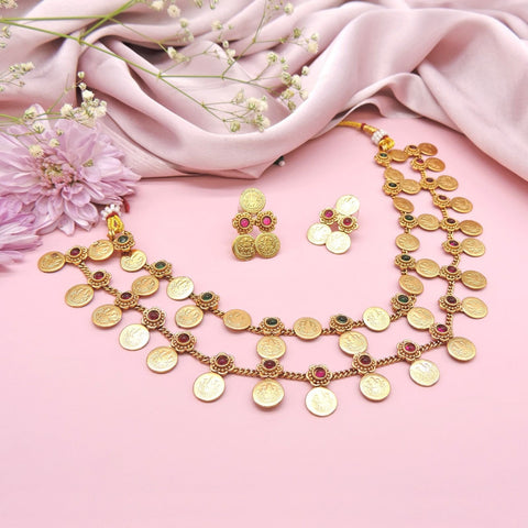 Antique gold plated Lakshmi coin necklace set with ruby and emerald accents – South Indian temple jewelry USA – Joyrias